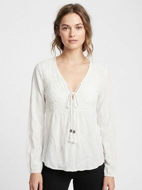 Earl White Lace Yoke Peasant Blouse with Tie Front Neckline